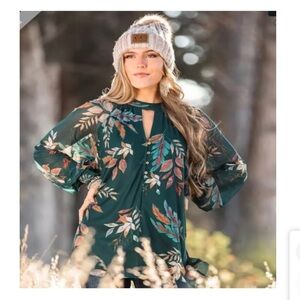 Gimmicks by BKE Leaf Print Mesh Henley Top Asymmetrical Hem Keyhole Cut Outs M